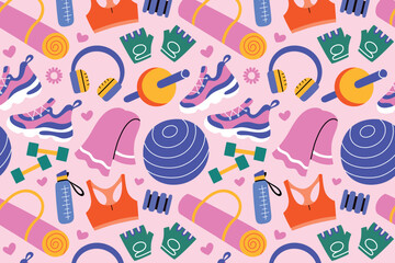 Colorful sports pattern with gym equipment, women accessories and fitness items. Vector illustration in flat cartoon style. Perfect for workout, active lifestyle, gym, female sports shoes, dumbbells
