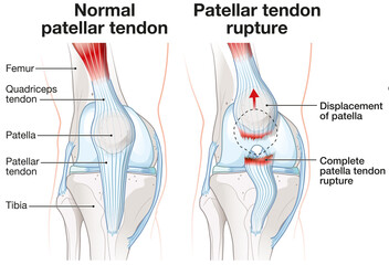 Patellar tendon rupture. Knee injury. Sports injury. Knee pain. Front view. Labeld medically illustration