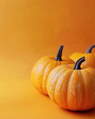 Decorative pumpkins on orange background with copy space for autumn harvest and fall decoration