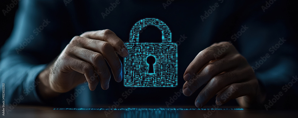 Poster a person holds a digital lock symbolizing online security and data protection in a modern technologi