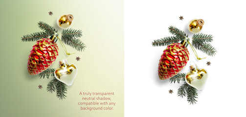 art Christmas composition on a transparent background with fir branches, toys, real transparent neutral shadow. copy space for the design of your greetings © Konstiantyn