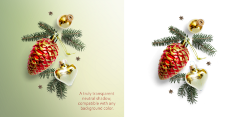 art Christmas composition on a transparent background with fir branches, toys, real transparent neutral shadow. copy space for the design of your greetings