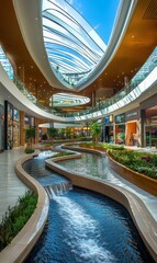 Modern mall interior with water feature.