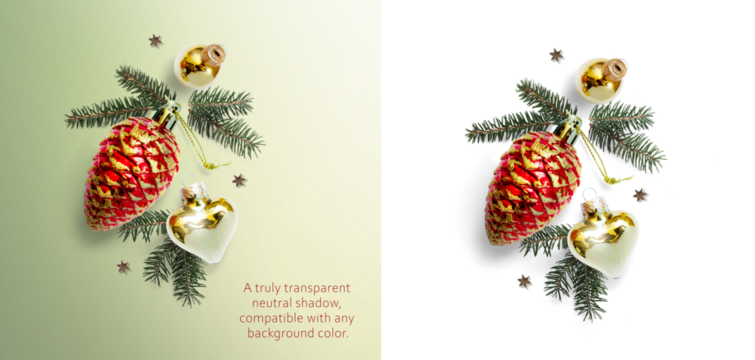 art Christmas composition on a transparent background with fir branches, toys, real transparent neutral shadow. copy space for the design of your greetings