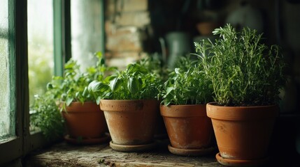 Potted Herbs on a Windowsill in Rustic Setting