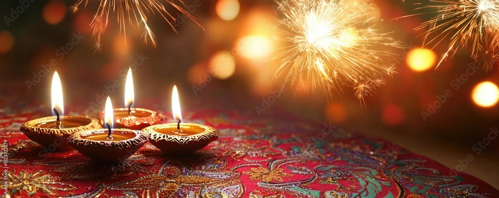 Poster beautifully lit candles on a vibrant table, creating a warm and festive atmosphere with sparkling li