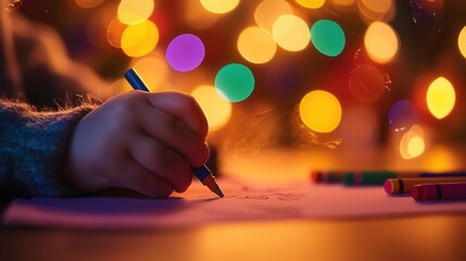 A festive close-up of a child drawing on a homemade Christmas card with crayons, celebrating creativity on Christmas Card Day