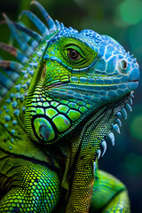 Fototapeta premium Emerald Iguana Nestling in its Lush Green Habitat: A Portrait of Grace and Resilience