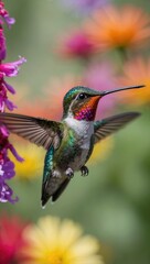 Fototapeta premium Hummingbird in flight with spread wings, hovering near flowers in a garden
