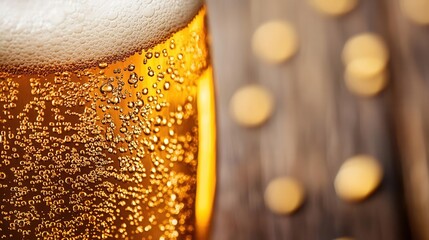 A close-up of a golden pint of lager with bubbles rising, sitting on a rustic wooden bar, celebrating National Lager Day