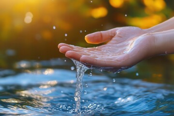 Hands catching water droplets, serene natural setting