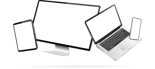 Computer screen, laptop, tablet pc and mobile phone while levitating in the air on a white background