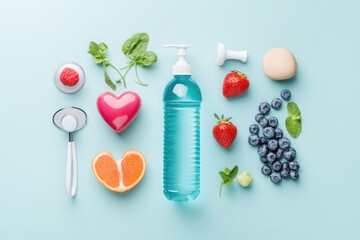 Healthy food ingredients and water bottle on a blue background, flat lay.