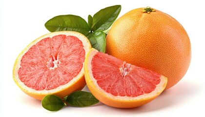 Freshly cut grapefruit showcasing juicy segments surrounded by vibrant green leaves