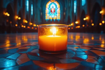 candle flickering in a grand cathedral during all saints day casting a warm reverent glow illuminating intricate stained glass and creating an atmosphere of spirituality