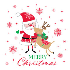 Christmas Whymsical Santa Claus and Reindeer Isolated Pattern with Snowflakes and Merry Christmas Text- Christmas Vector Illustration