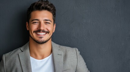 Obraz premium Confident Young Man Smiling in Stylish Blazer Against Grey Background