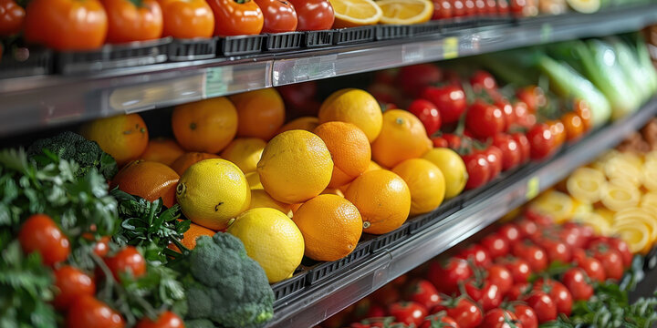 Close-up of a shelf with vegetables and fruits in a supermarket