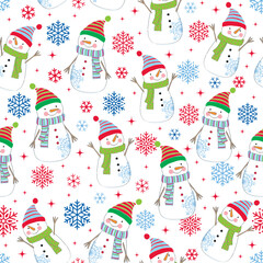 Christmas Whymsical Snowman Seamless Pattern with Snowflakes- Christmas Vector Illustration