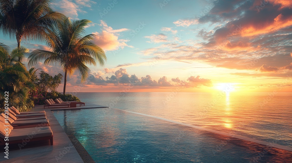 Poster a beautiful beach scene with a pool and palm trees