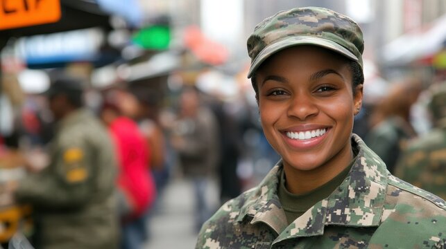 Smiling Female Soldier in Camouflage Uniform on Urban Street