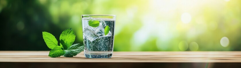 Refreshing drink with mint leaves and cucumber on wooden table, blurred background