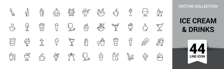 Fototapeta premium Ice cream icons set. Beverage icons pack. such as parfait, frozen, vanilla, chocolate, juice, cone, coffee, milk, dessert and more. Vector illustration.