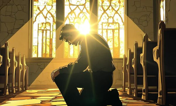 Man kneeling in prayer at sunlit church illustration with ai generated.
