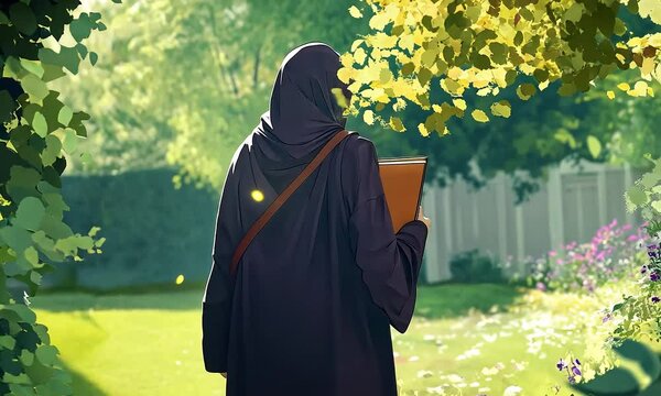 Woman in hijab walking through sunny garden illustration cartoon with ai generated.
