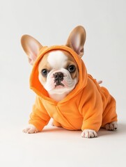 Adorable French Bulldog puppy wearing a cozy orange hoodie poses cutely in a bright, minimalistic setting