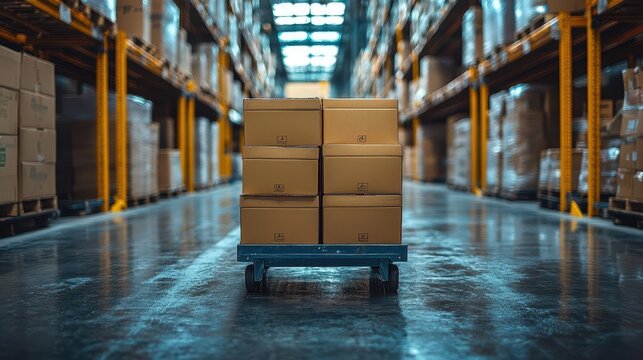 cardboard boxes stacked on a trolley representing the logistics and distribution service industry with a clean organized backdrop conveying efficiency and reliability in modern logistics