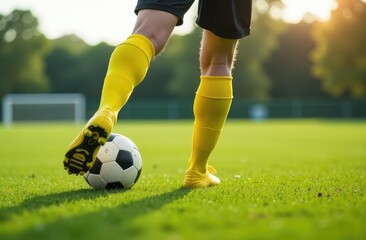 Obraz premium close-up, the foot of a football player scores a goal