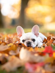 A playful French Bulldog lying in colorful autumn leaves during a sunny afternoon in a vibrant park