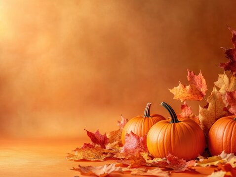 Autumn themed background featuring pumpkins and leaves on an orange backdrop