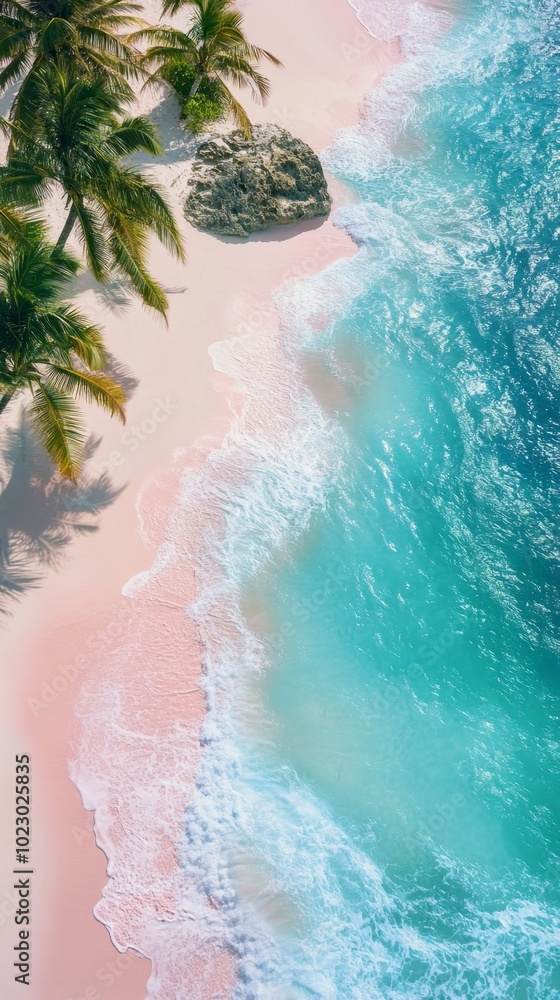 Poster a beautiful beach scene with a palm tree and a rock