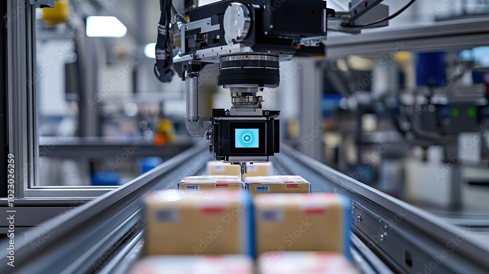 Poster Automated sorting system in a warehouse with robotic camera identifying packages on a conveyor belt for efficient logistics management.