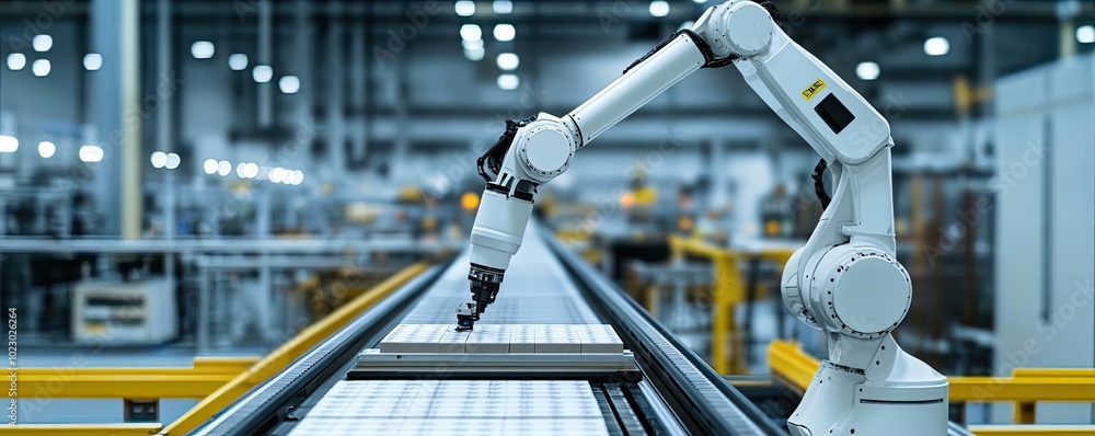 Poster A robotic arm precision handling materials in a modern factory, showcasing automation and advanced technology in industrial settings.