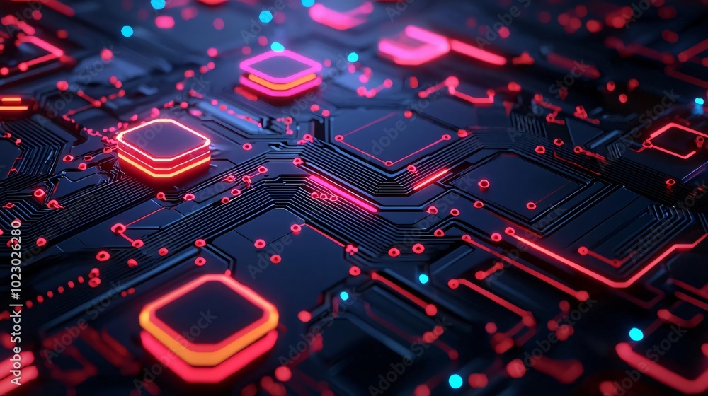 Poster futuristic computer circuit board with glowing elements. ideal for technology, innovation, and digit