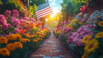 celebratory scene of the american flag waving amidst festive decorations capturing the spirit of memorial day 4th of july and labour day with vibrant colors and patriotic imagery