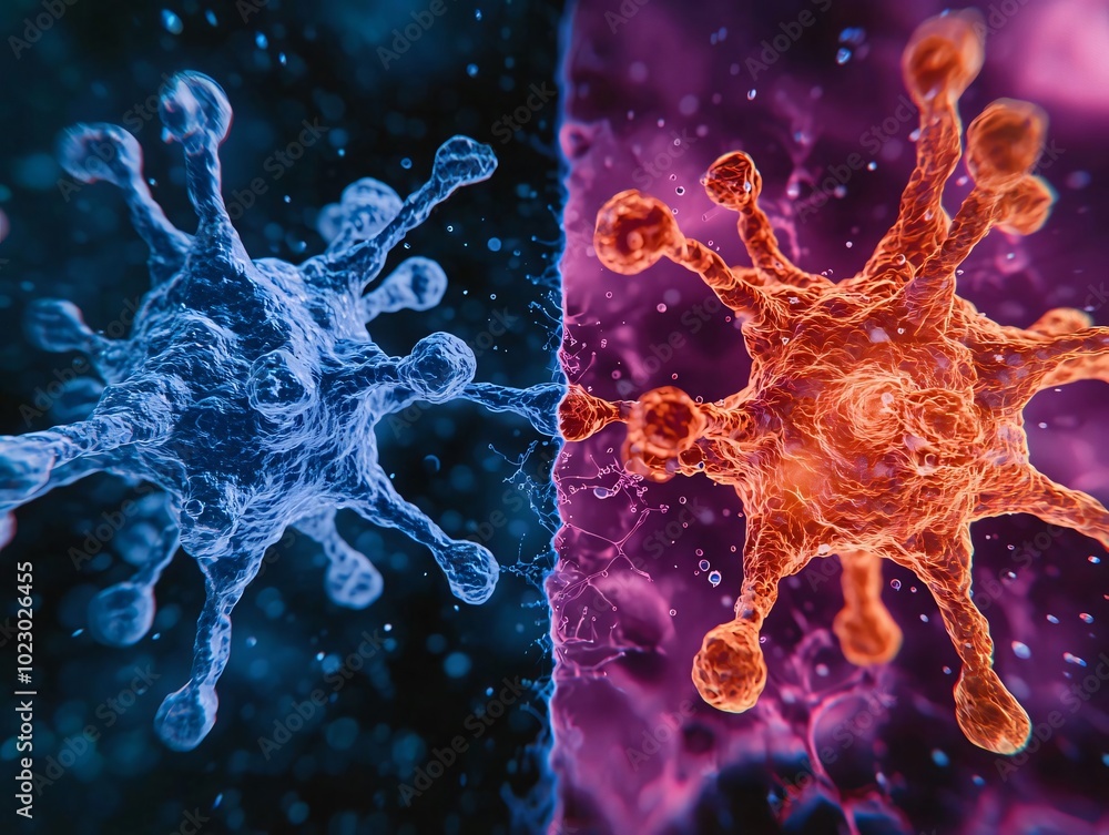 Poster microscopic view of virus particles in vibrant colors, showcasing intricate details and structures f