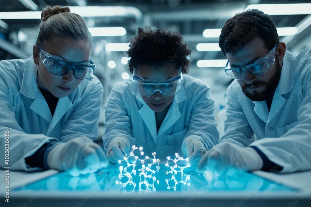 Poster scientists collaborating on molecular research using advanced technology in a laboratory setting.
