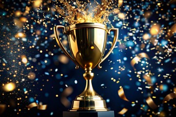 Reward.A gold cup and flying confetti on a dark blue background. Sports competitions, success, business, the concept of achievement and victory.