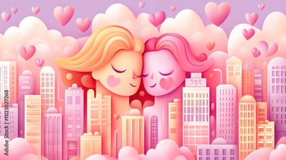 Canvas Prints Two stylized figures embrace among pastel clouds and hearts, symbolizing love and connection.