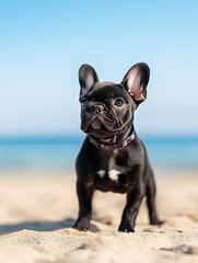 A playful black French Bulldog standing on sandy beach under a clear blue sky near the ocean during daytime