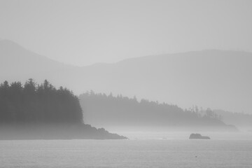 black and white picture of foggy Longbeach, Vancouver Island