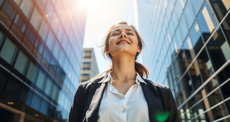 Fototapeta premium A confident businesswoman stands with closed eyes, basking in the sun amidst towering city buildings, reflecting a sense of peace and accomplishment.