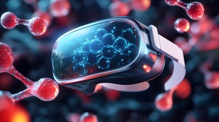 Close-up of a virtual reality headset displaying a molecular structure, blending futuristic technology with scientific visualization in a 3D environment.