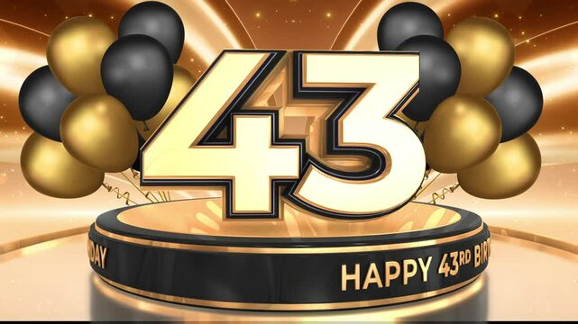 43 years, 43rd birthday loop, looped video background, backdrop in 3D Gold with balloons
