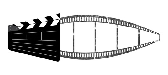 Fototapeta premium 3d clapboard, vintage 5 frames 35mm film reel vector design isolated on white. Filmstrip movie production icon illustration to use for motion picture, entertainment, cinema, film project.