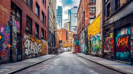 Naklejka premium A gritty, graffiti-filled alleyway between old brick buildings in a city, with modern skyscrapers towering in the background, showcasing urban contrast.